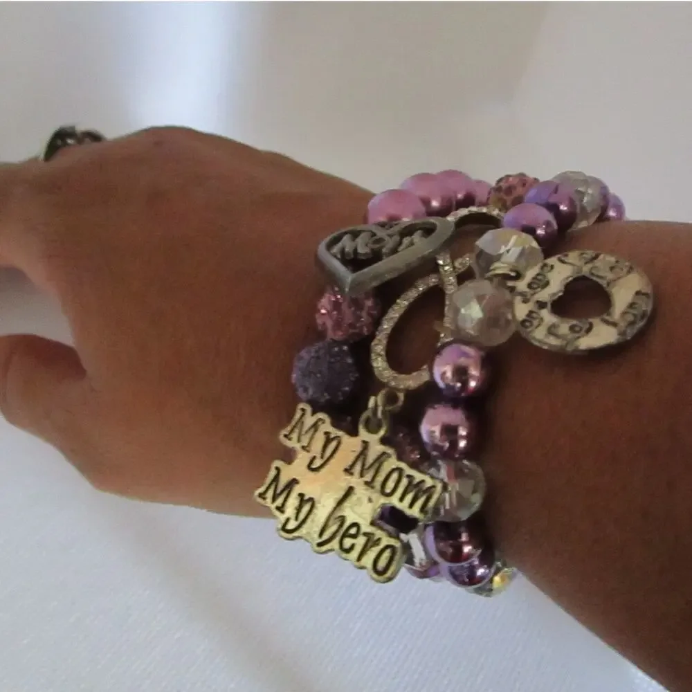 Purple Mom Charm Bracelet Set of 3 Beaded Faux Pearl Crystal Stretch Jewelry
